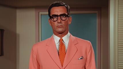 A stylish man dressed in a pink suit with glasses, presenting a confident and professional demeanor in a modern setting.