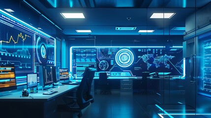 Poster - Futuristic control room with advanced technology, featuring large screens displaying data and visualizations a high-tech office environment, designed for efficient data analysis monitoring.