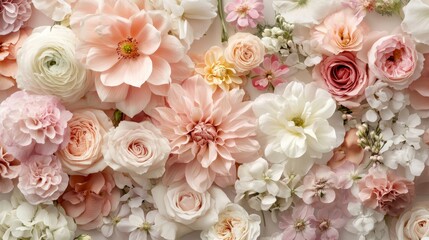 Poster - A flatlay composition highlights an array of delicate flowers in soft pastel hues, perfectly arranged to create an elegant and artistic display that captures nature's beauty