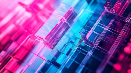 Poster - This composition features a midangle view of a vibrant, abstract environment filled with layered textures in blue mint and pink, enhanced by digital glitch elements