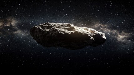 Wall Mural - Lonely Asteroid: A single, rugged asteroid floating through the dark expanse of space, illuminated by distant starlight with generative ai