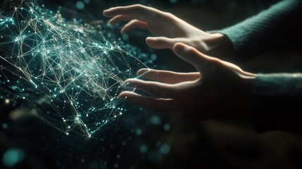 Fototapete - Two hands extend toward a luminous digital network, illustrating the concept of human interaction with complex data systems in a modern, virtual space