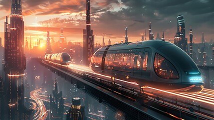 Wall Mural - Futuristic cityscape with a high-speed train running through it. The city is filled with tall buildings and glowing lights. The train is sleek and modern, and it seems to be traveling at great speed.