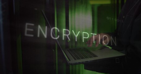 Poster - Animation of encryption text over caucasian man using laptop in server room