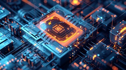 Poster - Close-up view of a glowing orange microchip on a circuit board,  illustrating the complexity and beauty of modern technology.