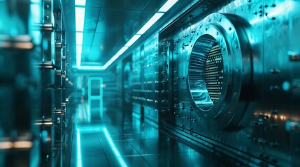 Poster - Futuristic vault interior with stainless steel walls and a glowing blue light.