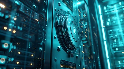 Poster - Futuristic server in a data center with a digital vault, representing data security and cyber protection.