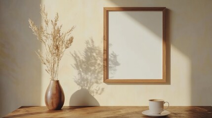 Poster - A minimalist wooden picture frame hangs on a beige wall, accompanied by a vase of dried flowers and a cup on a wooden table, all illuminated by soft natural light