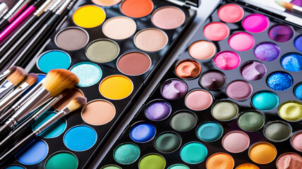 Wall Mural - A collection of makeup brushes and products, including a palette of eyeshadow. Concept of creativity and self-expression, as makeup is often used to enhance one's appearance