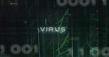 Poster - Animation of virus text over data processing and server room