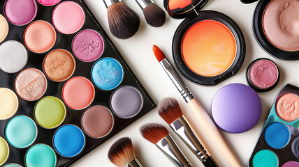 Wall Mural - A collection of makeup brushes and products, including a palette of eyeshadow. Concept of creativity and self-expression, as makeup is often used to enhance one's appearance