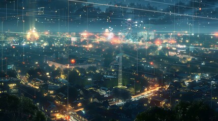 Wall Mural - aerial view of a city at night, with glowing lights and a network of digital lines connecting them, creating a futuristic and urban landscape.