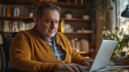 Poster - A middle-aged man in a wheelchair is concentrating on his laptop in a cozy home office filled with books and plants, immersed in his work during the day