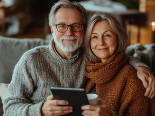 Happy Senior Couple Relaxing at Home with Tablet and Coffee, Smiling Mature old man and lady Enjoying a Cozy Morning Indoors Living Room Together with iPad Technology, elderly  woman grandpa grandma