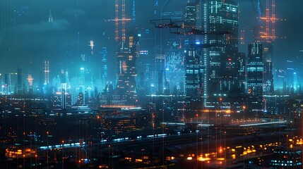 Poster - Futuristic cityscape with neon lights and flying drones at night.