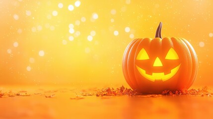 Sticker - Glowing Jack o  Lantern with Autumn Leaves and Bokeh Background