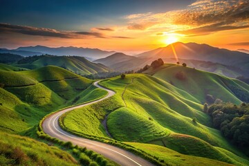 Wall Mural - Scenic winding road through green hills and mountains at sunset