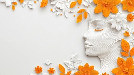 Canvas Print - White Paper Cut Woman Face Surrounded by Orange and White Flowers on White Background