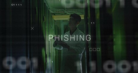 Poster - Animation of phishing text over data processing asian male worker in server room