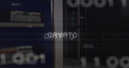 Poster - Animation of crypto text over data processing and server room