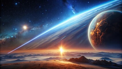 Wall Mural - sci-fi wallpaper with comet in sky above distant unknown planet
