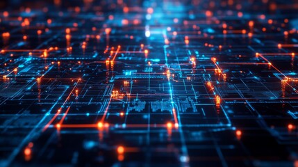 Fototapete - Multiple computers are interconnected by luminous lines representing a digital network. This graphic emphasizes information transfer through technology and connectivity