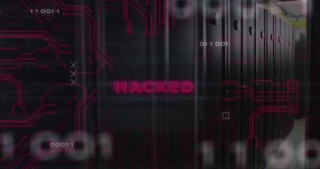 Poster - Animation of hacked text over data processing and server room