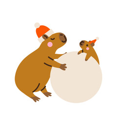 Wall Mural - Cute capybaras making snowman. Hand drawn vector illustration. Funny animal isolated on white. Naive Christmas childish design. Cool comic character, kids poster, card, social media banner.