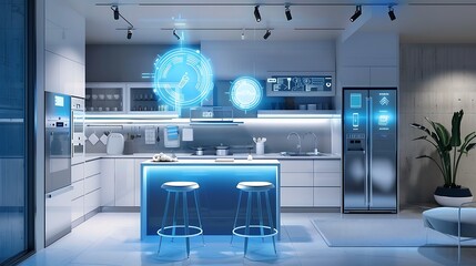 modern kitchen interior with smart technology and futuristic interface elements, showcasing a seamless blend of design and innovation.