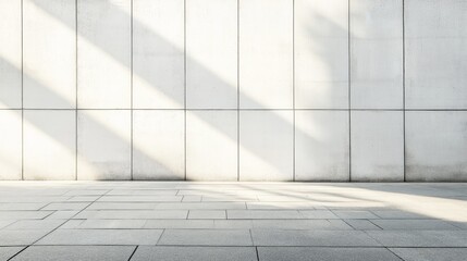 Poster - A long, smooth white plaster wall stretches along the city street, reflecting warm afternoon light, creating shadows that dance across the pavement