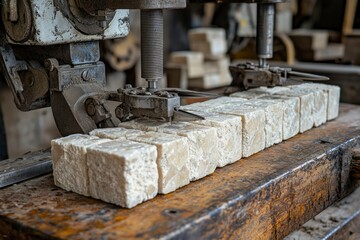 Close-up of Industrial Machine Pressing White Blocks on Wooden Table