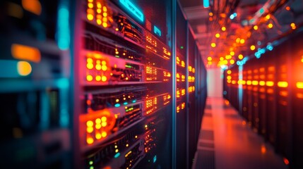 Poster - Rows of active servers and network devices fill the data center, their lights glowing as they work in unison to handle vast amounts of data efficiently
