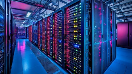 Poster - Rows of servers and network devices are actively operating in a data center, their colorful lights creating a vibrant atmosphere as they support high-demand processing tasks