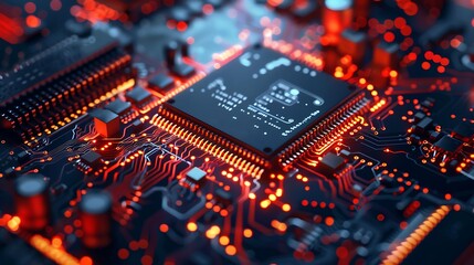 Poster - Close-up of a computer microchip showing the intricate circuitry and the glowing lights