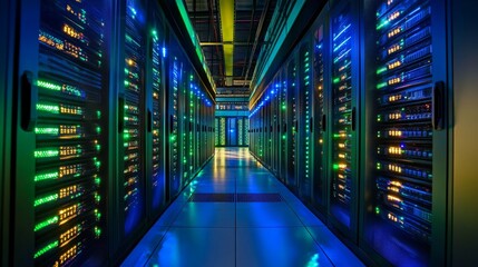 Poster - Rows of advanced servers stretch along both sides of a data center, bathed in blue and green light, showcasing an organized and efficient tech environment