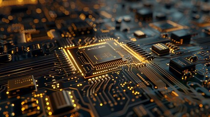 Poster - Close-up view of a microchip, the heart of modern technology, showcasing its intricate circuits and connections.