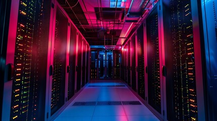Poster - Server room illuminated by red and blue lights.
