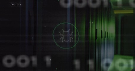 Poster - Animation of bug icon over data processing and server room