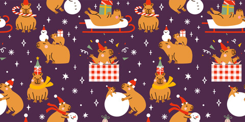 Seamless Christmas pattern with Cute capybaras. Hand drawn vector illustration. Funny animal background. Naive childish design. Cool comic character, kids poster, card, social media banner.