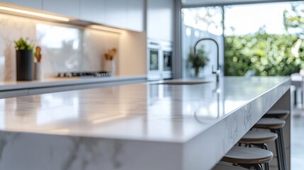 Poster - This modern kitchen features a stunning marble granite island, sleek cabinetry, and natural light, creating a bright and inviting atmosphere for culinary activities