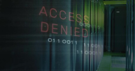 Poster - Animation of access denied text over data processing and server room