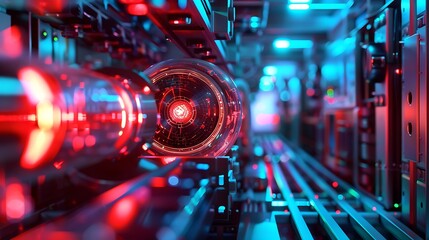 Poster - Close-up view of a futuristic machine with red and blue lights, showcasing advanced technology and industrial design.