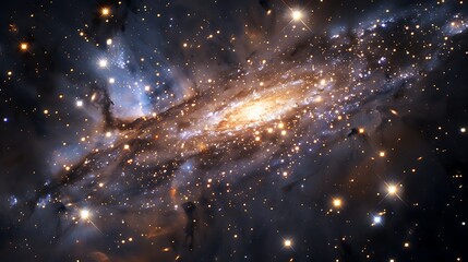 Spiral galaxy view swirling stars cosmic dust, illuminated by the bright light of distant stars, intricate details, bright colors are a testament to the beauty and complexity of the amazing universe.