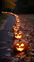 Wall Mural - Illuminated Jack-o'-Lanterns Line a Path in Autumn Leaves