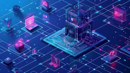 Poster - Abstract futuristic illustration of interconnected data centers,  technology and network,  communication and computing concepts, digital world,  web and cloud, server and hardware.