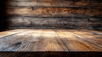 Poster - A beautifully crafted wooden table with visible grain patterns stands prominently against a rustic wood wall. The warm tones create a cozy and inviting atmosphere for any gathering
