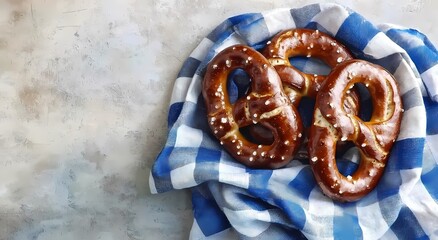 Wall Mural - Freshly baked soft pretzels on a blue and white checkered cloth.