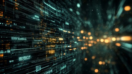 Fototapete - A vibrant array of digital data streams expands across a dark, futuristic background, showcasing bright codes and glowing lines of information that illuminate the space
