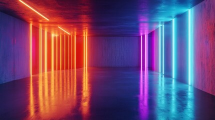 Poster - neon lights in vibrant hues cast colorful reflections on a polished concrete floor, creating a mesme