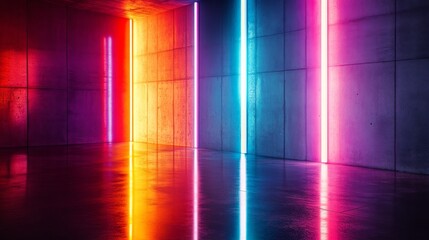 Poster - Bright neon lights illuminate a sleek, futuristic wall, creating dynamic reflections on a polished concrete floor in an artistic display of color and design
